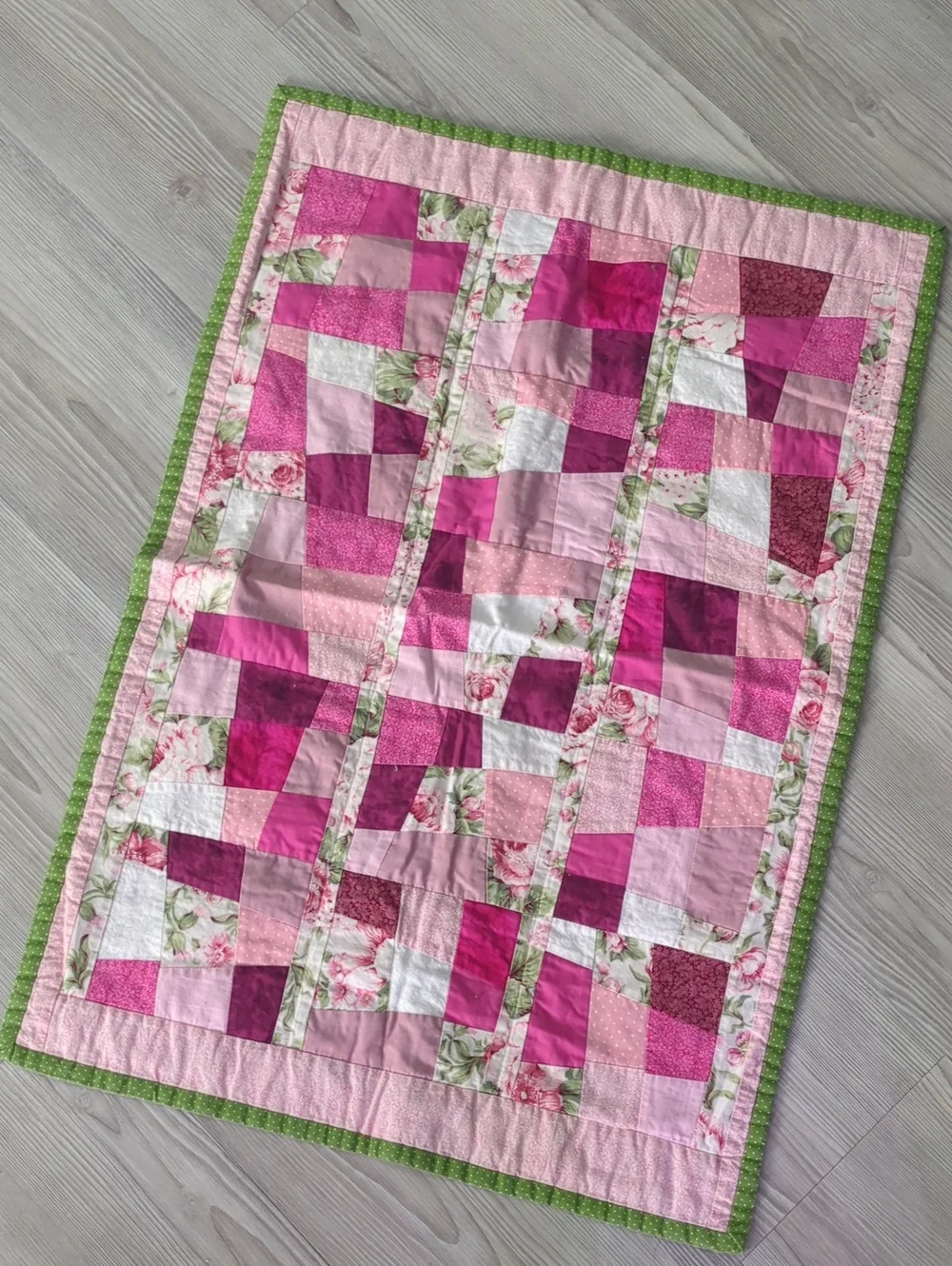 Handmade Pink Patchwork Quilt Wall Hanging Floral Cottagecore Shabby Chic Decor